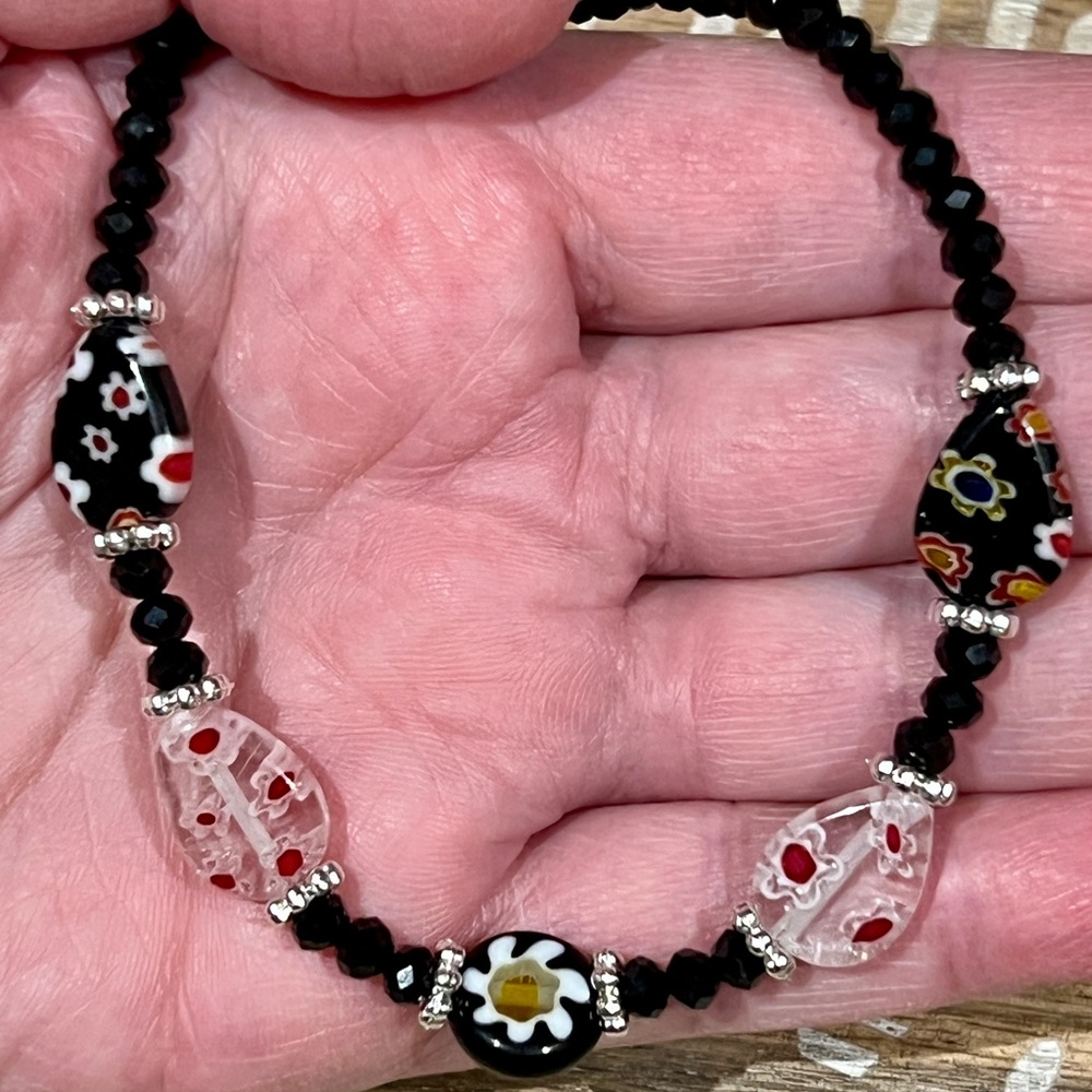 Pretty Red, White & Black Millefiori & Black Crystal Necklace With Toggle Clasp